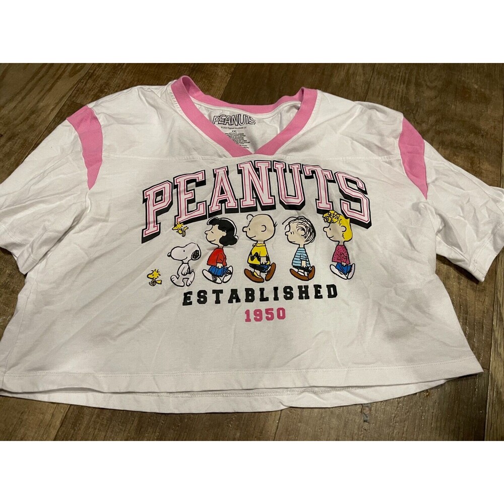 PEANUTS Crop Top Shirt Womens XXL 2023 Pink White Snoopy Charlie Brown